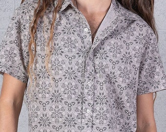 Geometric Button Up Shirt, Short Sleeve Printed Shirt For Man- Boho Hippie Style