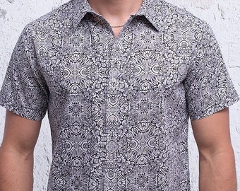 Gray Button Up Shirt For Man Psychedelic Urban Streetwear Hawaiian Shirt Button Down Cotton Short Sleeve Mens Shirts