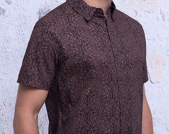 Brown Button Down Shirt Men Short Sleeve Abstract Print Button Up Psy Elegant Mens Fashion