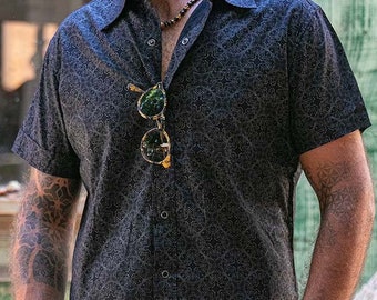 Black Cotton Button Up Shirt For Men Short Sleeved Button Down Shirt Men's Fashion Psychedelic Festival Psy Urban Street Wear