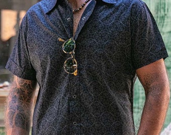 Black Cotton Button Up Shirt For Men Short Sleeved Button Down Shirt Men&#39;s Fashion Psychedelic Festival Psy Urban Street Wear