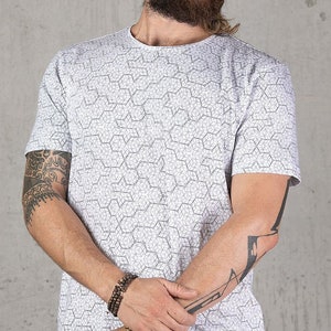 Chemise hexagonale blanche pour homme - T-shirt homme géométrie sacrée - Streetwear urbain - Vêtements de festival alternatifs - Cadeau psychédélique pour lui