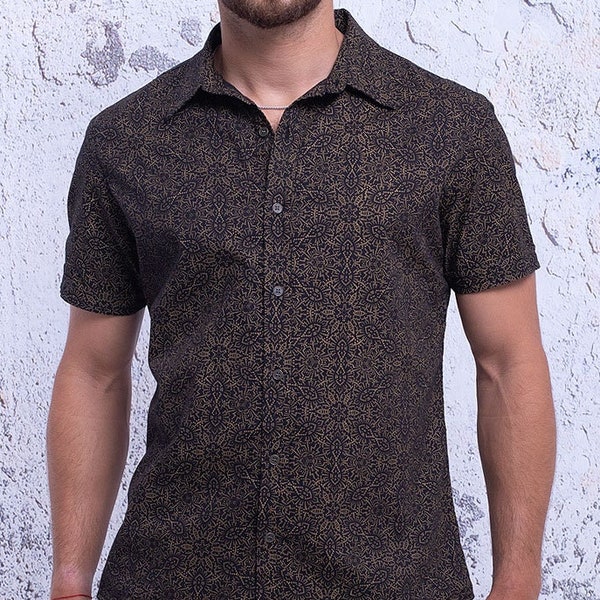 Peyote Mens Button Up Shirt Brown Button Down Sacred Geometry Boho Hippie Fashion For Men Oxford Shirt Short Sleeve