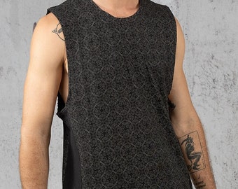 Cotton Tank Top For Men In Grey and Black, Psychedelic, Sacred Geometry Clothing, Burning Man Men, Yoga Tank