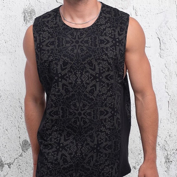 Sacred Geometry Mens Tank Top, Screen Printed, Sleeveless Yoga Top, Mandala Tank Top, Festival Wear, Burning Man Clothing