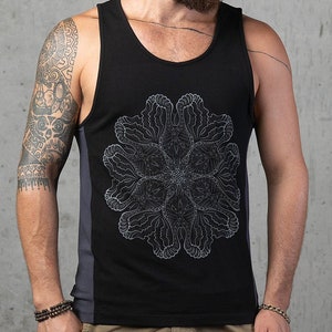 Psychedelic Tank Top For Men With Mandala Print, Black Cotton Tanktop, Psy Trance Festival Clothing