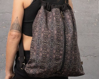 Brown Drawstring Bag, Festival Backpack, Sack Bag, Screen Printed Bag, Rucksack