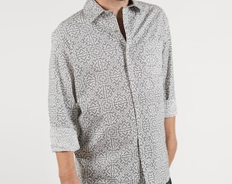 White Long Sleeve Button Down Shirt For Men, Psychedelic Mens Fashion Long Sleeved Shirt With Full Print Alternative Clothing For Him