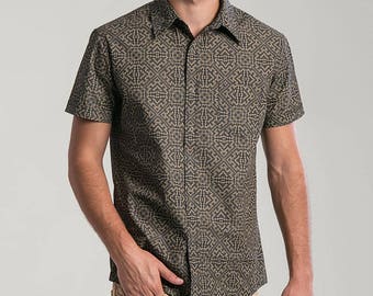 Black Button Down Mens Shirt Short Sleeved Button Up Shirt Psychedelic All Over Print Mens Fashion Psy Elegant