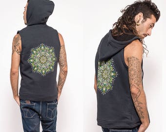 Mens Vest, hooded Hood Vest With Mandala Print, Grey Vest Jacket, Rave Psy trance Festival Wear, Glow In The Dark Clothing