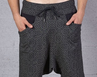 Geometric Shorts For Men- Drop Crotch Yoga Pants- Cotton Sweat Shorts- Psychedelic Festival Wear