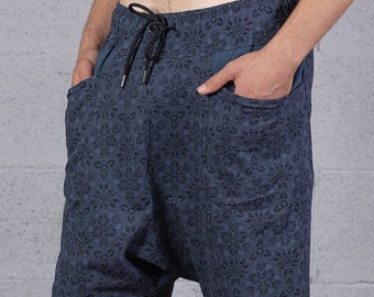 Geometric Men Shorts- Cotton Yoga Pants For Men- Drop Crotch Sweat Shorts- Activewear Pants- Festival Shorts
