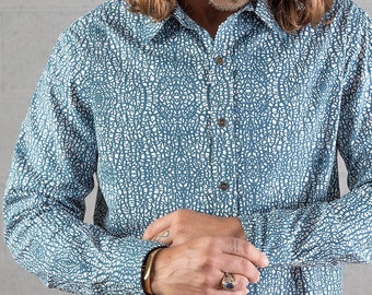 Blue Long Sleeve Button Shirt For Man Cotton Button Down Shirt- Urban Streetwear Boho Men Fashion Wear