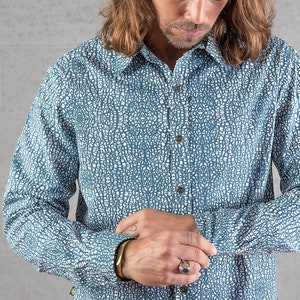 Blue Long Sleeve Button Shirt For Man Cotton Button Down Shirt- Urban Streetwear Boho Men Fashion Wear