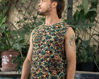 Mens Psychedelic Tank Top, Tribal Print Sleeveless Festival Shirt, Sacred Geometry Yoga Top