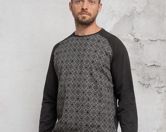 Geometric Long Sleeve T-shirt For Men, Sacred Geometry Clothing, Black Long Cotton Shirt, Man Tribal Urban Streetwear