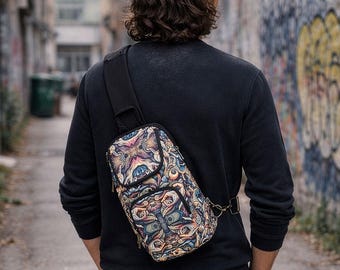 Tribal Chest Bag, Daily Sling Bag, Canvas Cross Body Bag, Psychedelic Festival Bags