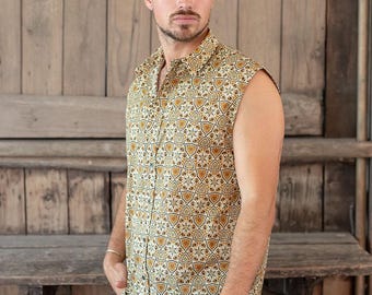 Sleeveless Summer Button Up Shirt For Man Vintage Print Festival Wear