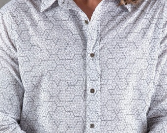 White Button Up Long Sleeve Shirt For Men- Geometric Button Down- Alternative Boho Mens Clothing- Gift For Him