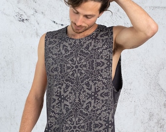 Mandala Mens Tank Top, Sacred Geometry, Screen Printed, Sleeveless Yoga Shirt, Tribal, Festival Clothing, Burning Man