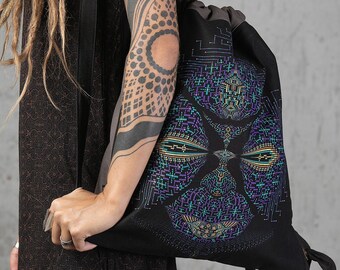 Canvas Drawstring Bag, Psychedelic, Festival Bag, Sack Bag, Screen Printed Bag, Rucksack, Burning Man, Festival Backpack