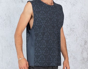 Cotton Tank Top Men Yoga Tank Tribal Screen Printed Psychedelic Festival Wear Mens Sleeveless Shirt