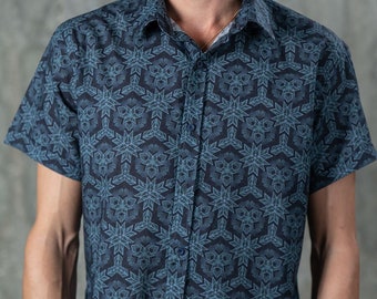 Mens Short Sleeve Button Up Shirt In Blue Geometric Full Printed Shirt Button Down Psychedelic Fashion