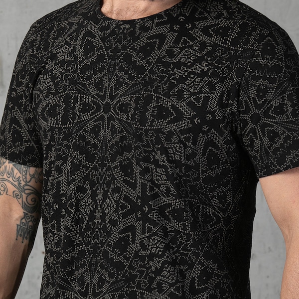 Chemise mandala psychédélique pour homme - T-shirt pour homme imprimé sur l'ensemble - Transe psy - Vêtements de festival - Streetwear urbain - Cadeau d'anniversaire pour lui