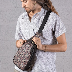 Canvas Sling Bag With Magic Mushroom Print, Crossbody Day Bag, Festival Shoulder Bag