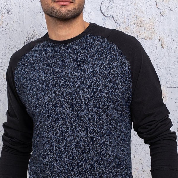 Black Long Sleeve T shirt For Men, Psychedelic Clothing, Long Cotton Tee, Unique Gift For Him