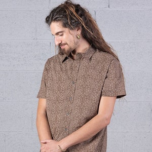 Brown Button Up Shirt For Man Tribal Print Short Sleeve Button Down Men Xmas Gift