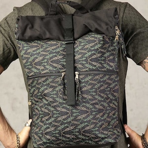 Black Canvas Roll Top Backpack- Travel Bag- Hiking Backpack- School College Backpack- Festival Bag- Laptop Backpack