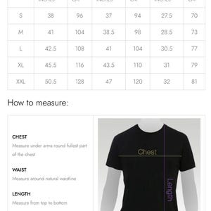 May include: Size chart for a t-shirt with measurements in inches and centimeters. The chart shows sizes S, M, L, XL, and XXL with corresponding chest, waist, and length measurements.