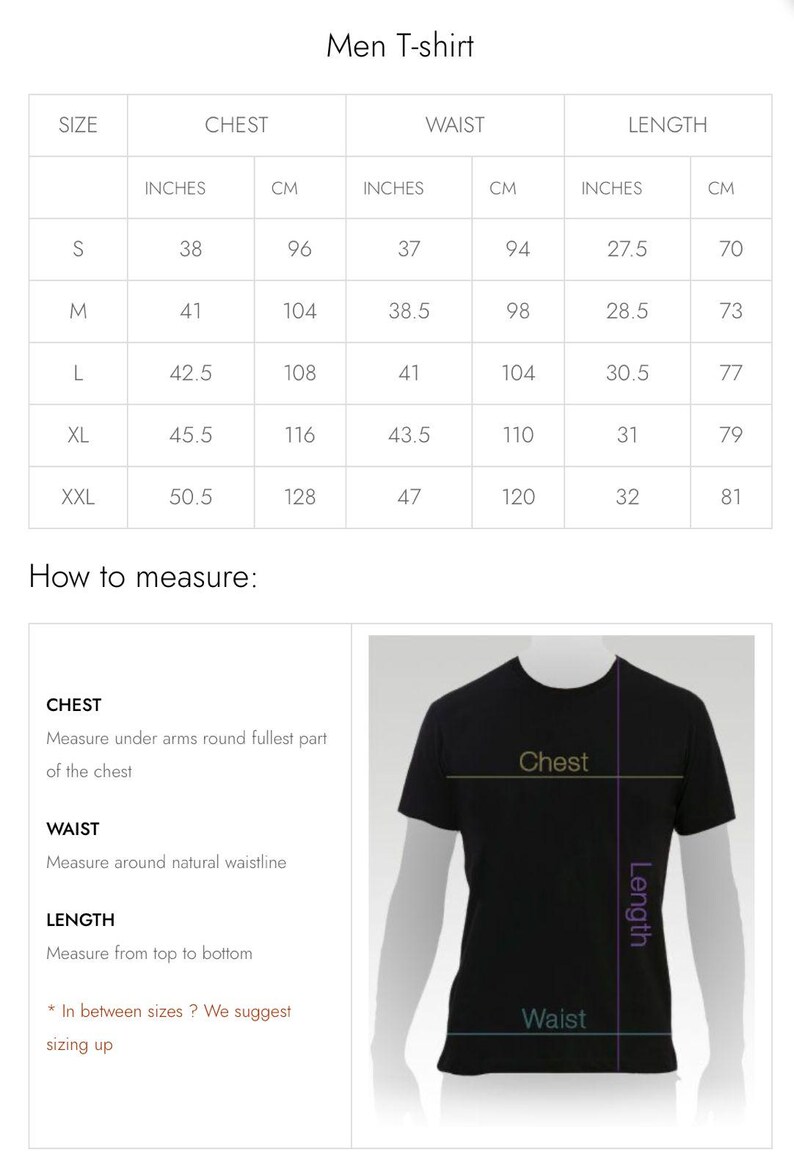 May include: Size chart for a t-shirt with measurements in inches and centimeters. The chart shows sizes S, M, L, XL, and XXL with corresponding chest, waist, and length measurements.