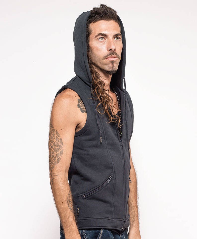 Rave Psy trance Festival Wear hooded Hood Vest With Mandala Print Mens Vest Glow In The Dark Clothing Grey Vest Jacket