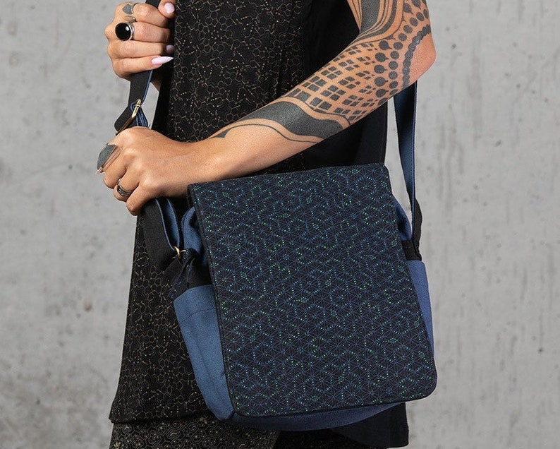 Flower Of Life Crossbody Bag, Men Canvas Bag, Small Shoulder Bag, Sacred Geometry, Psy Trance Goa, Hippie, Festival Bag image 1