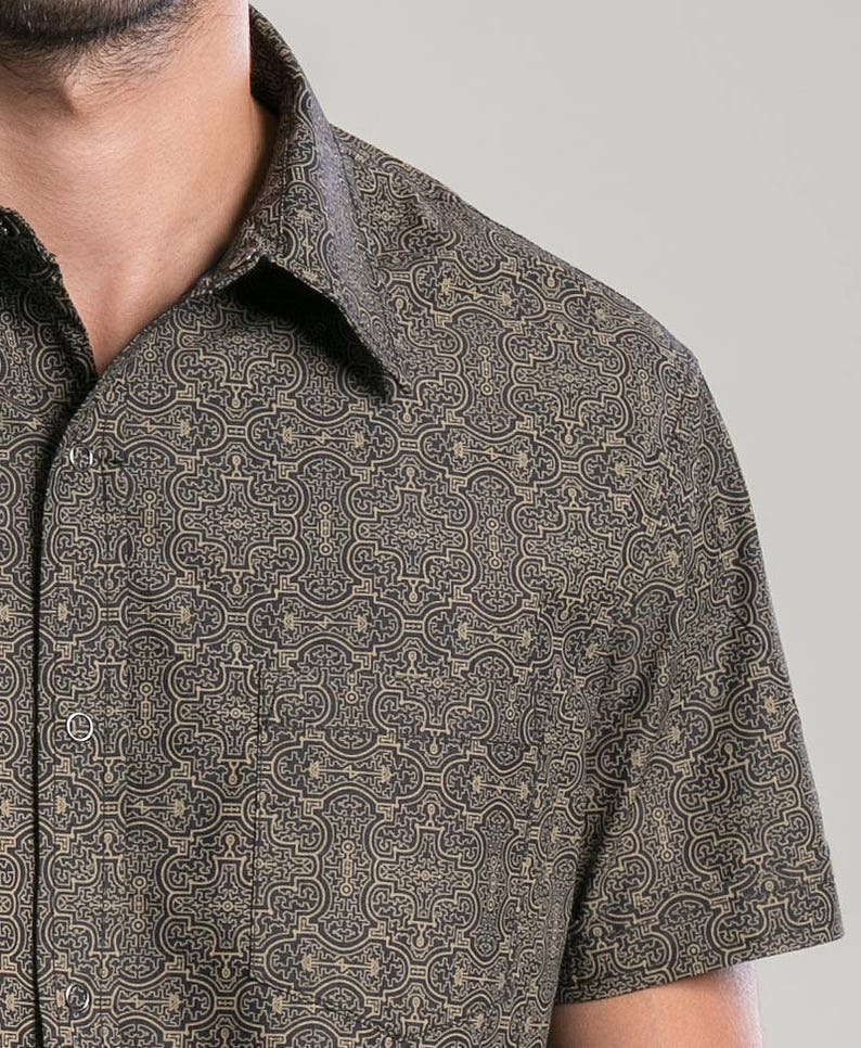 Shipibo Mens Button Up Shirt Black Button Down Sacred Geometry Man Clothing Psychedelic Fashion For Men Oxford Shirt Short Sleeve image 2