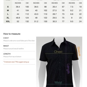 May include: Size chart for a button-down shirt with measurements in inches and centimeters for chest, waist, length, and sleeves.