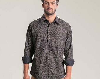 LSD Molecule Long Sleeve Button Down Shirt For Man, Psychedelic Mens Clothing, Psy, Elegant, Mens Wear, Black Button Down