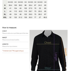 May include: A black long button shirt with a size chart and measurement guide. The chart shows chest, waist, length, and sleeve measurements in inches and centimeters for sizes S to XXL. The guide illustrates how to measure chest, waist, and length.