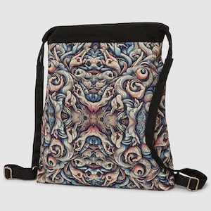 Plecak z nadrukiem psychodelicznym, płócienny ze ściągaczem, psychodeliczna torba festiwalowa