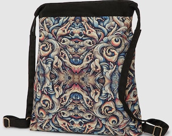 Mochila de lona con cordón ajustable y estampado psicodélico, ideal para festivales.