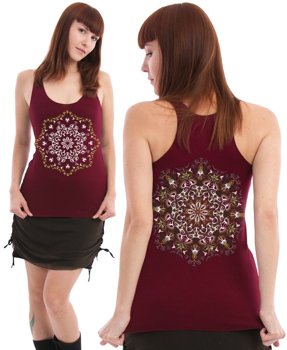 Mandala Tank Top For Women- Dark Red Tank Top, Cotton Yoga Top, Racerback Tank, Psychedelic Clothing, Festival Wear, SOL Seed Of Life