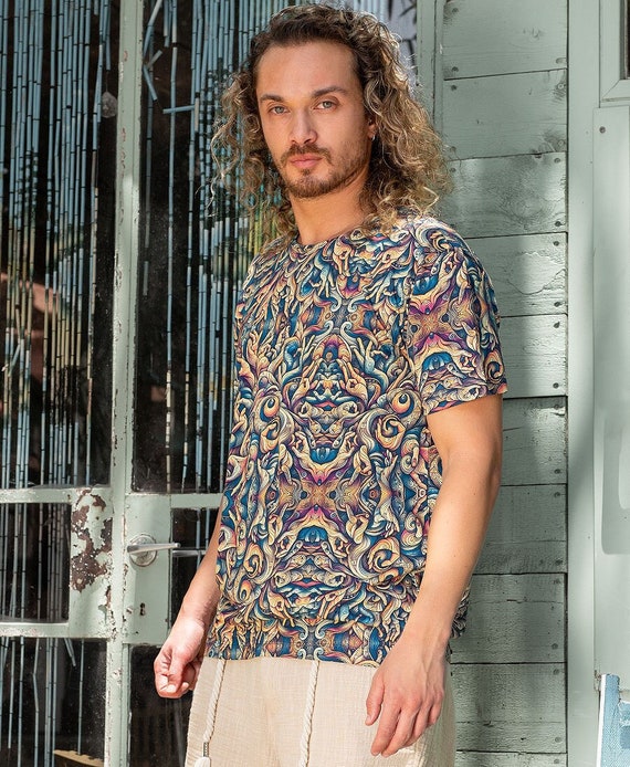 Mudra Mens T shirt Psychedelic Shirt Festival Wear Burning Man Clothing Psy Trance Goa Trippy Gift