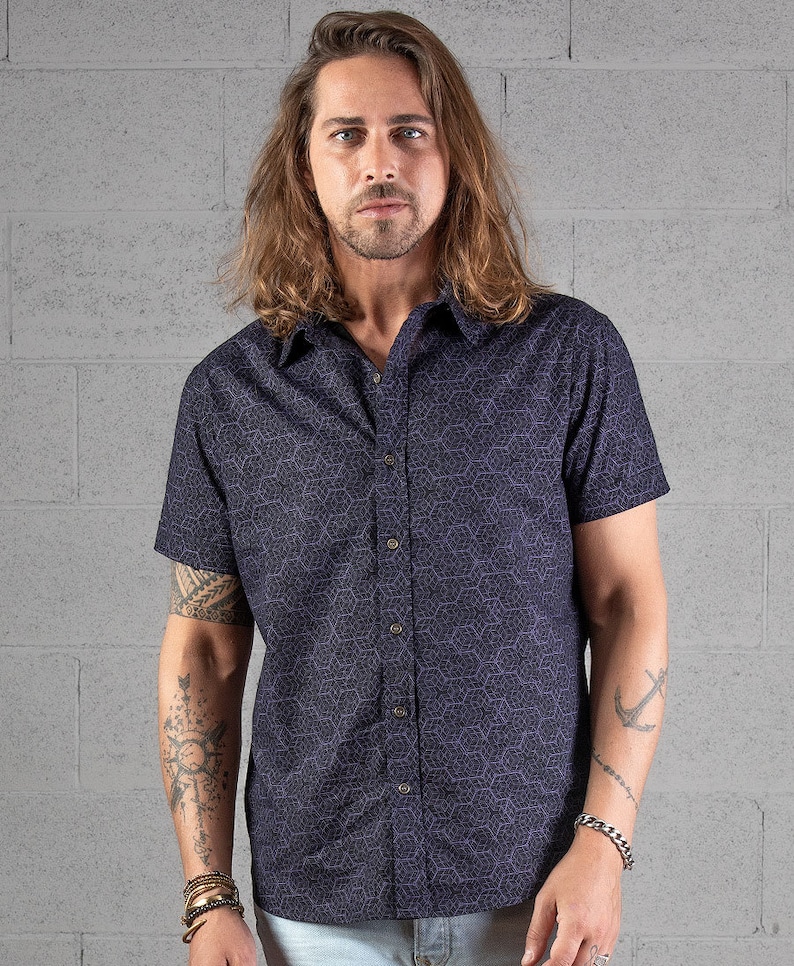 Geometric Mens Button Up Shirt In Black Cube All Over Print Short Sleeved Button Down Shirt Mens Fashion image 6