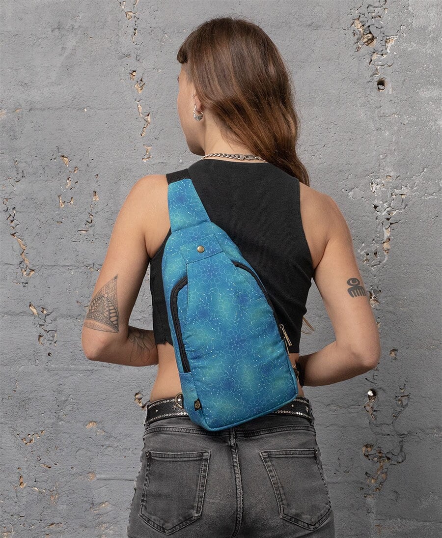 Blue Sling Bag Crossbody Purse with LSD Molecule Design for Men and Women