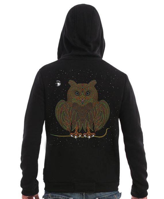 Men's Black Hoodie With Owl Screen Print Hoodie Zip Front | Etsy
