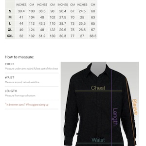 May include: Size chart for a long button shirt with measurements in inches and centimeters. The chart shows chest, waist, length, and sleeve measurements for sizes S, M, L, XL, and XXL.