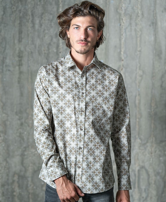 Geometric Button Up Shirt Long Sleeve Hawaiian Shirt For Men Button Down Urban Boho Clothing Gift For Him / Boyfriend / Husband