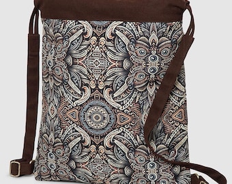 Brown Printed Sack Bag- Drawstring Backpack- Sacred Geometry Bag- Festival Backpacks